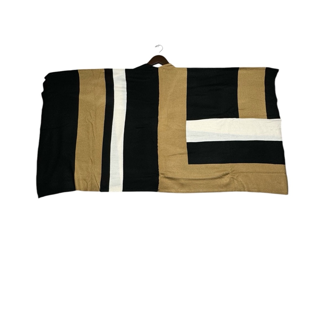 Parrish LA Stevie Poncho Wrap Black Camel Tan White Stripe OS Colorblock Winter - Picture 5 of 10